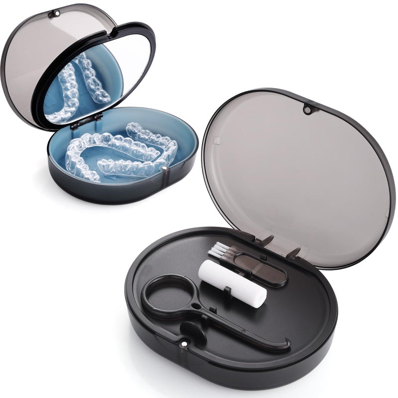 LONGMON New Double-layer Retainer Storage Case with Belt Chewing,Removal Tool,Cleaning Brush,Built in Mirror Orthodontic Retainer Case - Image 1