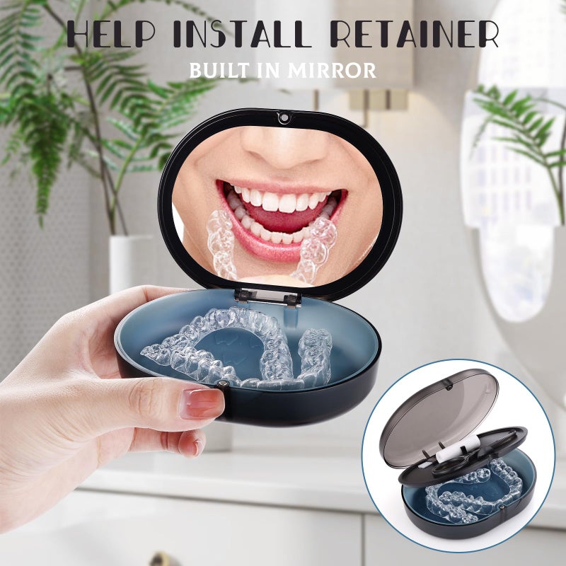 LONGMON New Double-layer Retainer Storage Case with Belt Chewing,Removal Tool,Cleaning Brush,Built in Mirror Orthodontic Retainer Case - Image 4