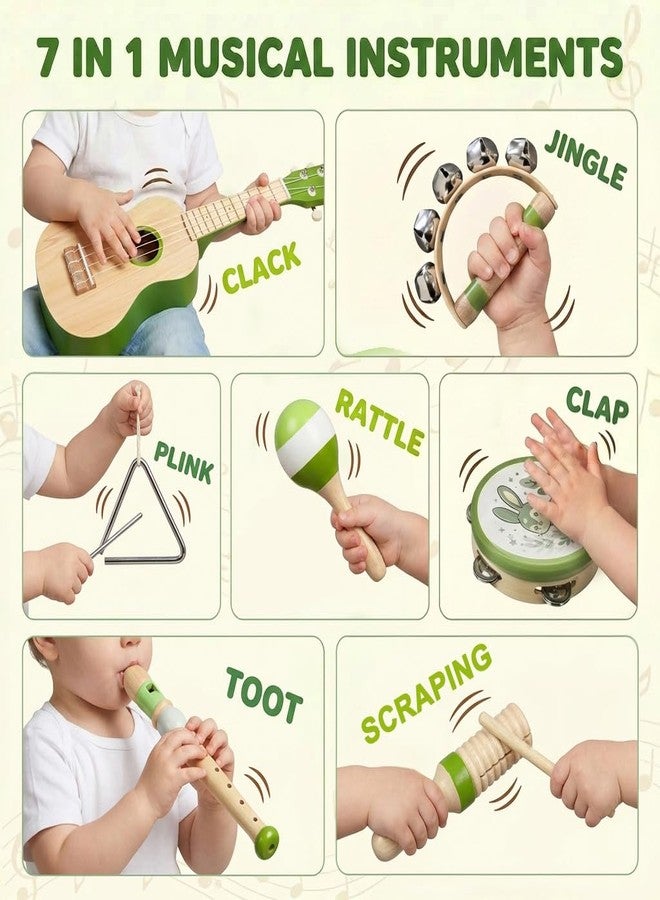 Raimy Kids Guitar Set, 7 in 1 Wooden Musical Instruments for Toddlers 3+ Montessori Music Toys Set with Ukulele/Tambourine/Hand Bell/Clarinet/Guiro/Maraca for Boys Girls Birthday Gift (Green) - Image 2