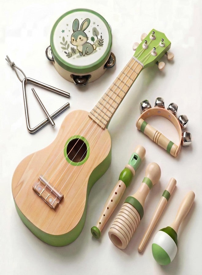 Raimy Kids Guitar Set, 7 in 1 Wooden Musical Instruments for Toddlers 3+ Montessori Music Toys Set with Ukulele/Tambourine/Hand Bell/Clarinet/Guiro/Maraca for Boys Girls Birthday Gift (Green) - Image 1