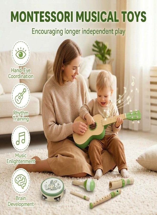 Raimy Kids Guitar Set, 7 in 1 Wooden Musical Instruments for Toddlers 3+ Montessori Music Toys Set with Ukulele/Tambourine/Hand Bell/Clarinet/Guiro/Maraca for Boys Girls Birthday Gift (Green) - Image 5