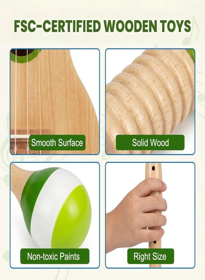 Raimy Kids Guitar Set, 7 in 1 Wooden Musical Instruments for Toddlers 3+ Montessori Music Toys Set with Ukulele/Tambourine/Hand Bell/Clarinet/Guiro/Maraca for Boys Girls Birthday Gift (Green) - Image 3
