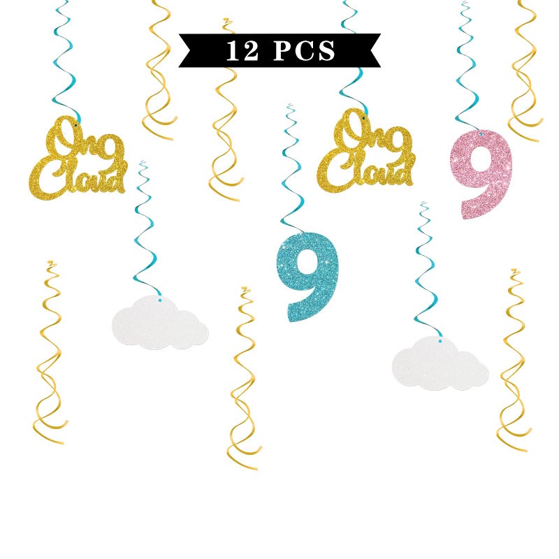Maicaiffe On Cloud 9 Hanging Swirl Decorations Glitter 12 Pcs 9th Birthday Party Supplies Children Birthday Nine Streamers Nine Years Old Party Foil Swirls Ceiling Decorations