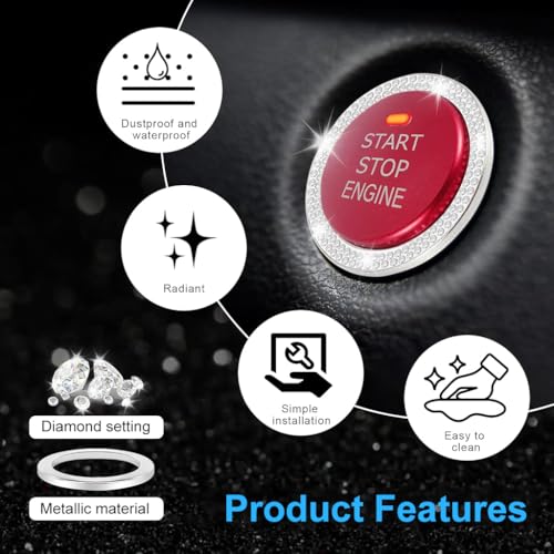 STHIRA® 2 PCS Crystal Double Rhinestone Car Push Start Button Cover Bling Push Start Ring for Womens Car Interior Decorative Knob Accessory Stylish & Durable Bling Car Engine Start Stop Button Cover - Image 4