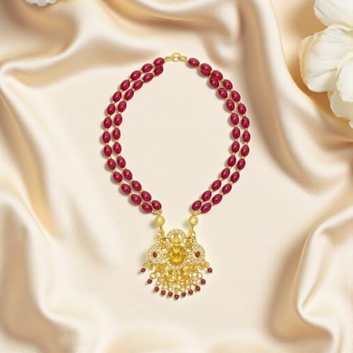 ACCESSHER Women's Traditional Pink Beaded Temple Necklace with Goddess Lakshmi Pendant | Jewelry with Pearl and Stone Embellishments | Ideal for Weddings & Festivals - Image 4