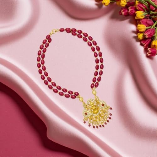 ACCESSHER Women's Traditional Pink Beaded Temple Necklace with Goddess Lakshmi Pendant | Jewelry with Pearl and Stone Embellishments | Ideal for Weddings & Festivals - Image 3