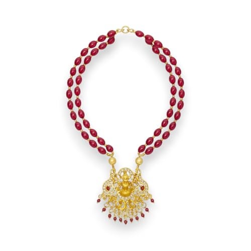 ACCESSHER Women's Traditional Pink Beaded Temple Necklace with Goddess Lakshmi Pendant | Jewelry with Pearl and Stone Embellishments | Ideal for Weddings & Festivals - Image 1