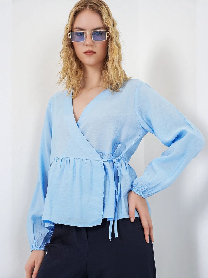 BIG DART BDART V-Neck Tie Detail Crepe Wrap Blouse - Image 4