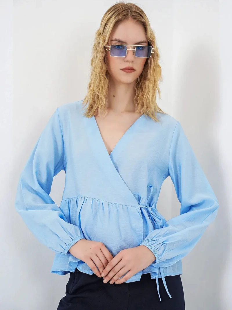 BIG DART BDART V-Neck Tie Detail Crepe Wrap Blouse