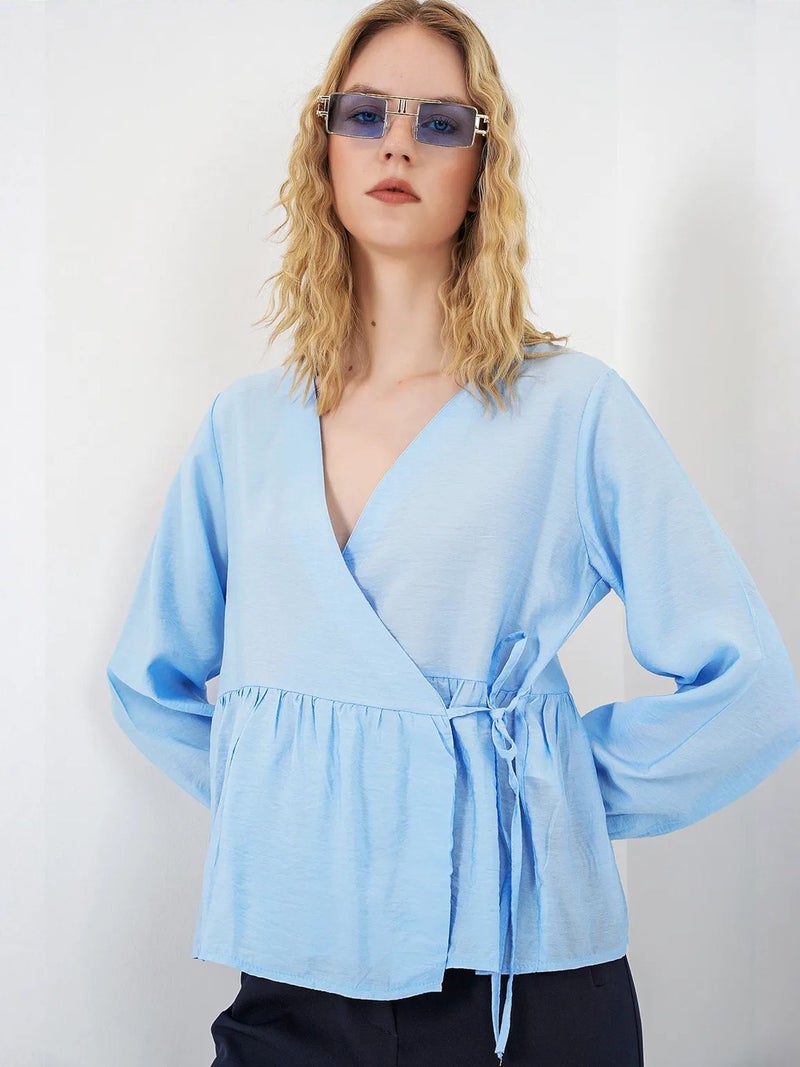 BIG DART BDART V-Neck Tie Detail Crepe Wrap Blouse - Image 3