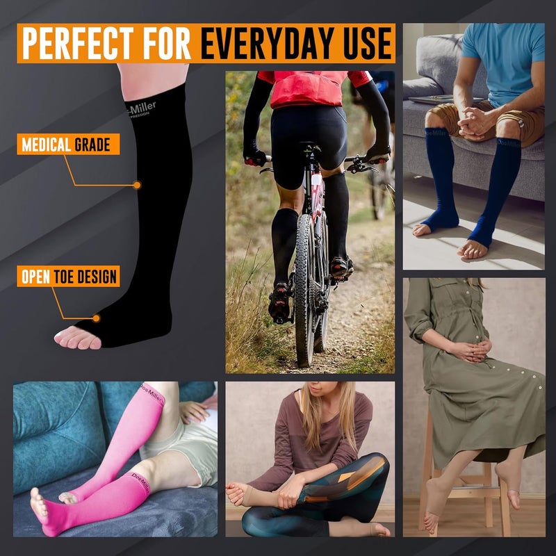 Doc Miller Open Toe Compression Socks for Men and Women, 15-20 mmHg, Calf Support Sleeves, Recovery Stockings, Wide Calf, Toeless Design, 1 Pair - Image 2