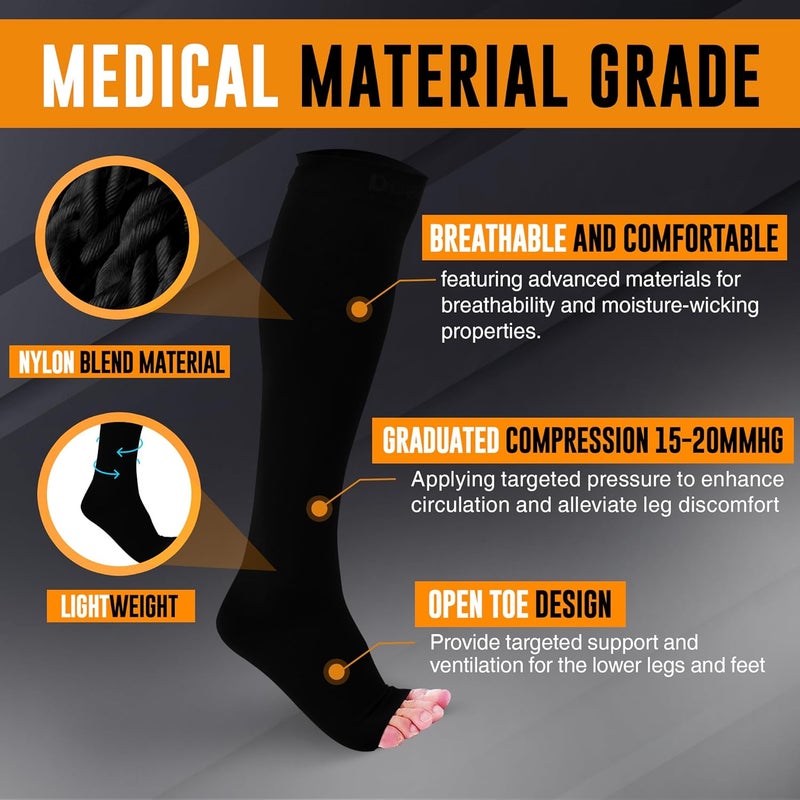 Doc Miller Open Toe Compression Socks for Men and Women, 15-20 mmHg, Calf Support Sleeves, Recovery Stockings, Wide Calf, Toeless Design, 1 Pair - Image 4