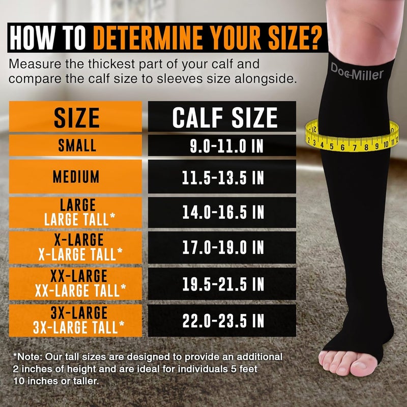 Doc Miller Open Toe Compression Socks for Men and Women, 15-20 mmHg, Calf Support Sleeves, Recovery Stockings, Wide Calf, Toeless Design, 1 Pair - Image 3
