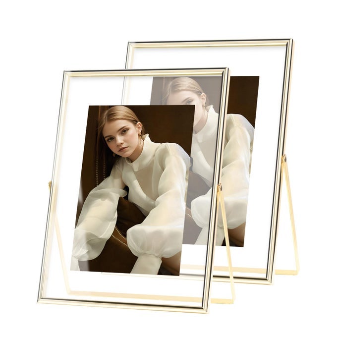 5X7 GOLD FLOATING FRAME SET OF 2 METAL GLASS PICTURE FRAMESFOR PICTURE 4X635X5 2X3 WALL MOUNT OR TABLETOP SHELF PHOTO FRAMESGIFT FOR FESTIVAL WEDDING HOME OR OFFICE DECORGOLD