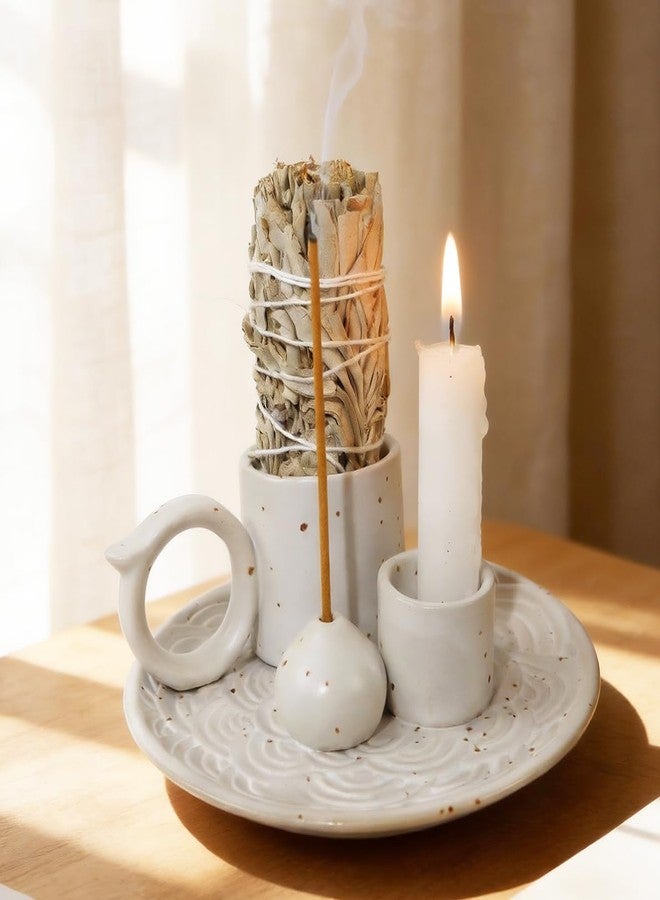 Tnstbiee 4-in-1 White Ceramic Palo Santo Burner & Holder - Versatile Candle and Smudge Tray for Incense Sticks, Cones, and Sage - Ideal Zen Meditation Altar Accessory for Enhanced Aromatic Experience - Image 1