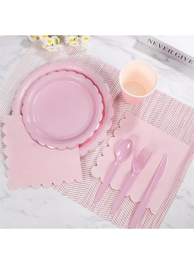 HOMESTAR 25 Guest Party Supplies, Dinnerware Set, Include Scalloped Plates, Napkin, Cup, Spoon, Fork, Knife for Party, Wedding, Birthday, Pink - Image 3