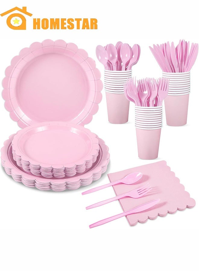 HOMESTAR 25 Guest Party Supplies, Dinnerware Set, Include Scalloped Plates, Napkin, Cup, Spoon, Fork, Knife for Party, Wedding, Birthday, Pink - Image 1