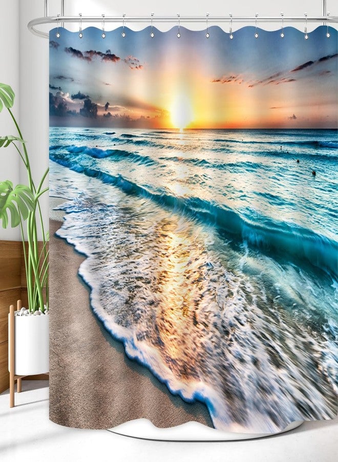 ZXMBF Ocean Shower Curtain Sand Beach Waves Sunrise Lanikai Theme Colorful Offshore Pacific Scenry Pattern Waterproof Fabric Bathroom Decor Set 72x72 Inch Plastic Hooks 12 Pcs Blue - Image 4