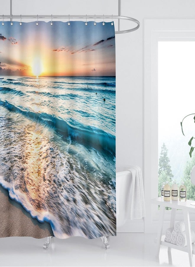 ZXMBF Ocean Shower Curtain Sand Beach Waves Sunrise Lanikai Theme Colorful Offshore Pacific Scenry Pattern Waterproof Fabric Bathroom Decor Set 72x72 Inch Plastic Hooks 12 Pcs Blue - Image 2