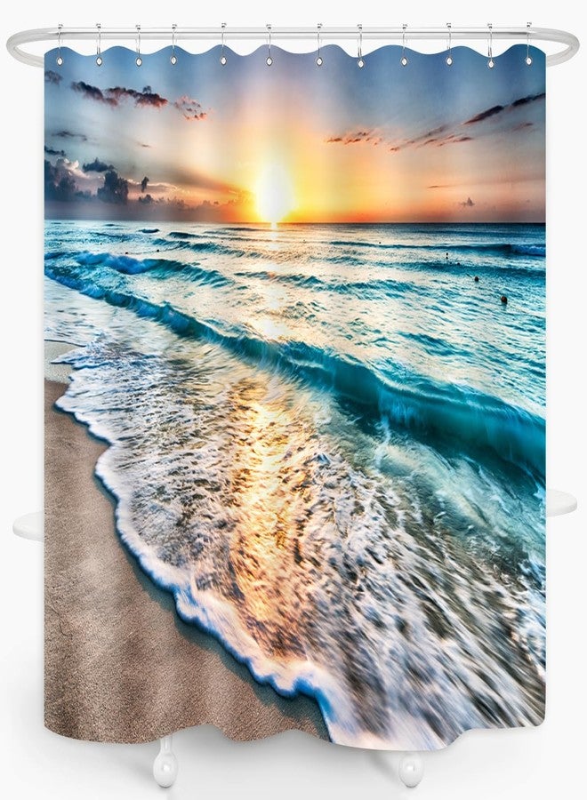 ZXMBF Ocean Shower Curtain Sand Beach Waves Sunrise Lanikai Theme Colorful Offshore Pacific Scenry Pattern Waterproof Fabric Bathroom Decor Set 72x72 Inch Plastic Hooks 12 Pcs Blue - Image 3