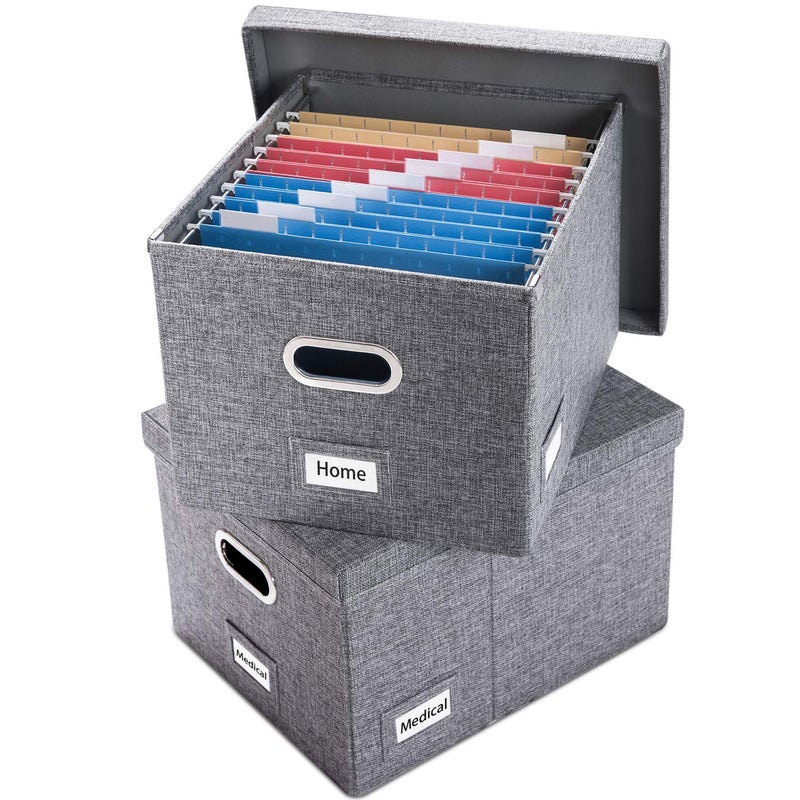 PRANDOM File Organizer Box Set of 2 Collapsible Decorative Linen Filing Storage Hanging File Folders with Lids Office Cabinet LetterLegal Size Grey 17x14x112 inch