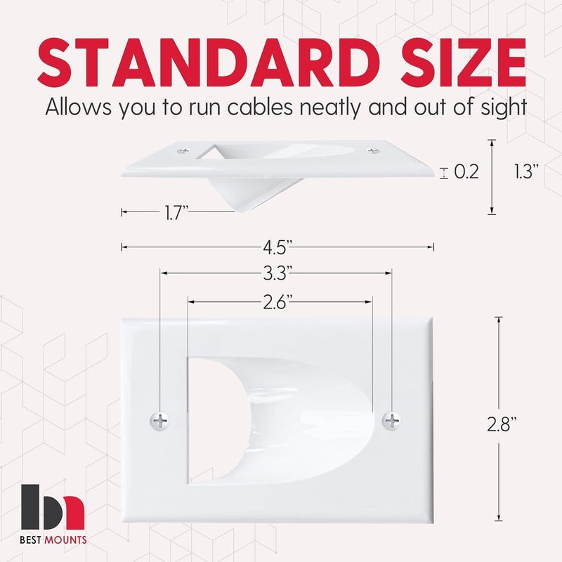 Best Mounts BestMounts - 10 Pack Inner Nose Behind Wall Cable Management TV Cord Hider for Wall Mounted TV - Single Gang Low Voltage Recessed Wall Plates Cable Pass Through for Wires, HDTV, HDMI (White) - Image 2