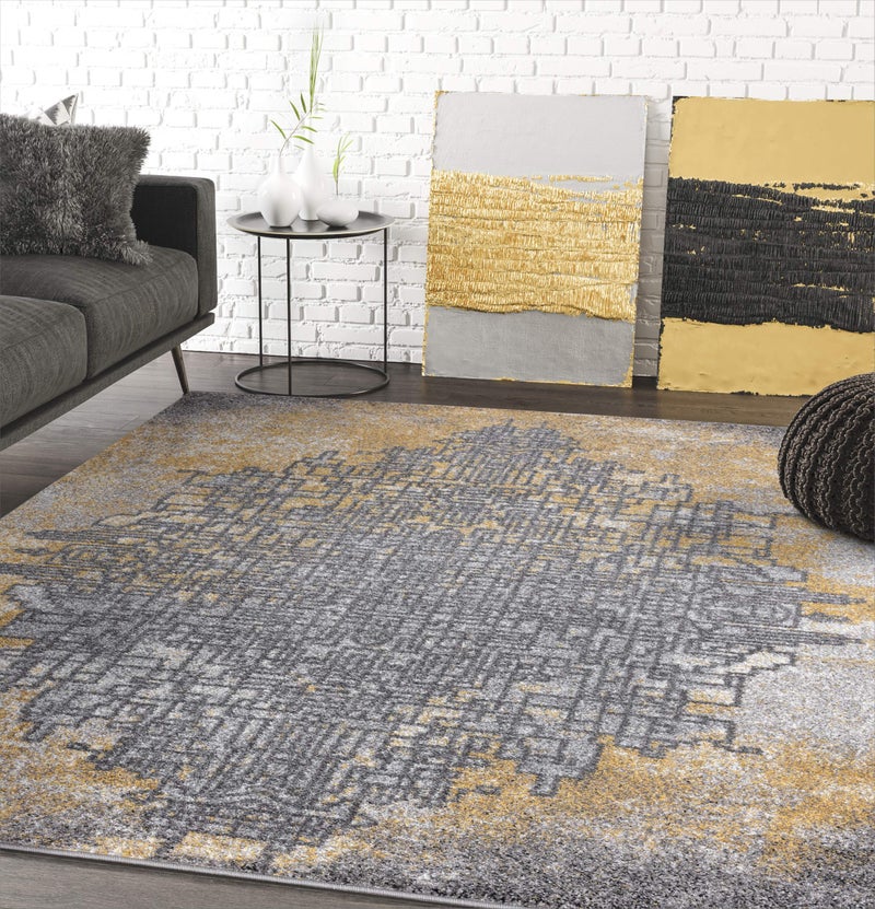 Abani Grey  Yellow Abstract Art Area Rug Contemporary Style Rugs Laguna Collection Modern 4 x 6 Rectangle Accent Rug