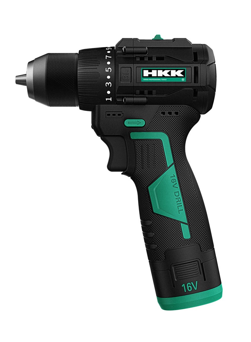 ح ك ك مثقاب لاسلكي بدون فُرش 16 فولت – مثقاب كهربائي قابل لإعادة الشحن بـ 19+1 إعداد عزم وسرعة متغيرة | مثالي للخشب والمعدن والمشاريع المنزلية - Image 2