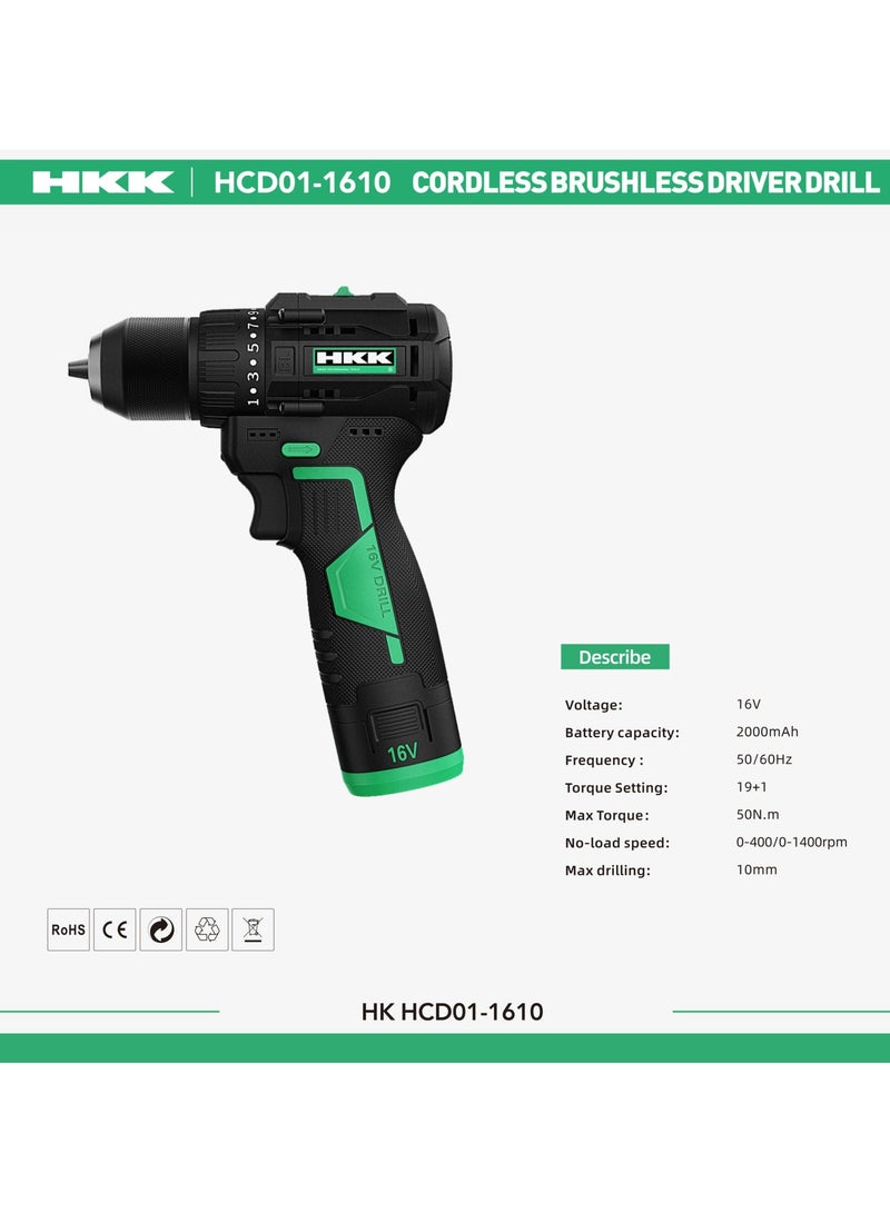 HKK 16V Cordless Drill Driver – 2000mAh Battery, 50N.m Torque, 19+1 Settings, 2-Speed (0-400/1400RPM), 10mm Max Drilling – for Wood Drilling & Screwdriving - Image 4
