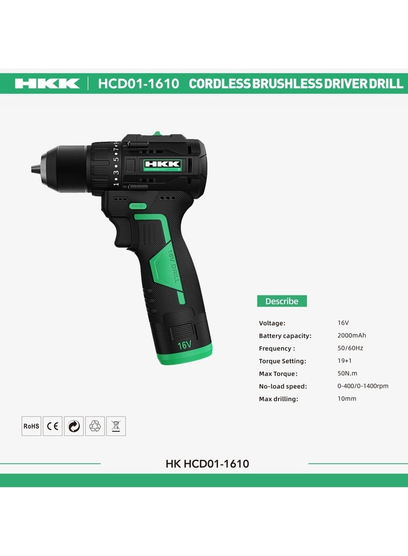 HKK 16V Cordless Brushless Drill Driver, 50N.m Max Torque, 19+1 Torque Settings, 2-Speed 0-400/1400 RPM, 10mm Keyless Chuck, 2x 2000mAh Batteries & Fast Charger - Image 5