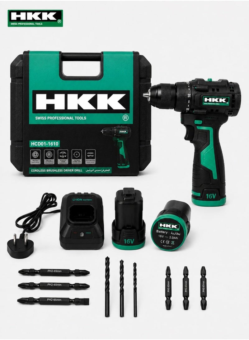 HKK 16V Cordless Brushless Drill Driver, 50N.m Max Torque, 19+1 Torque Settings, 2-Speed 0-400/1400 RPM, 10mm Keyless Chuck, 2x 2000mAh Batteries & Fast Charger - Image 1