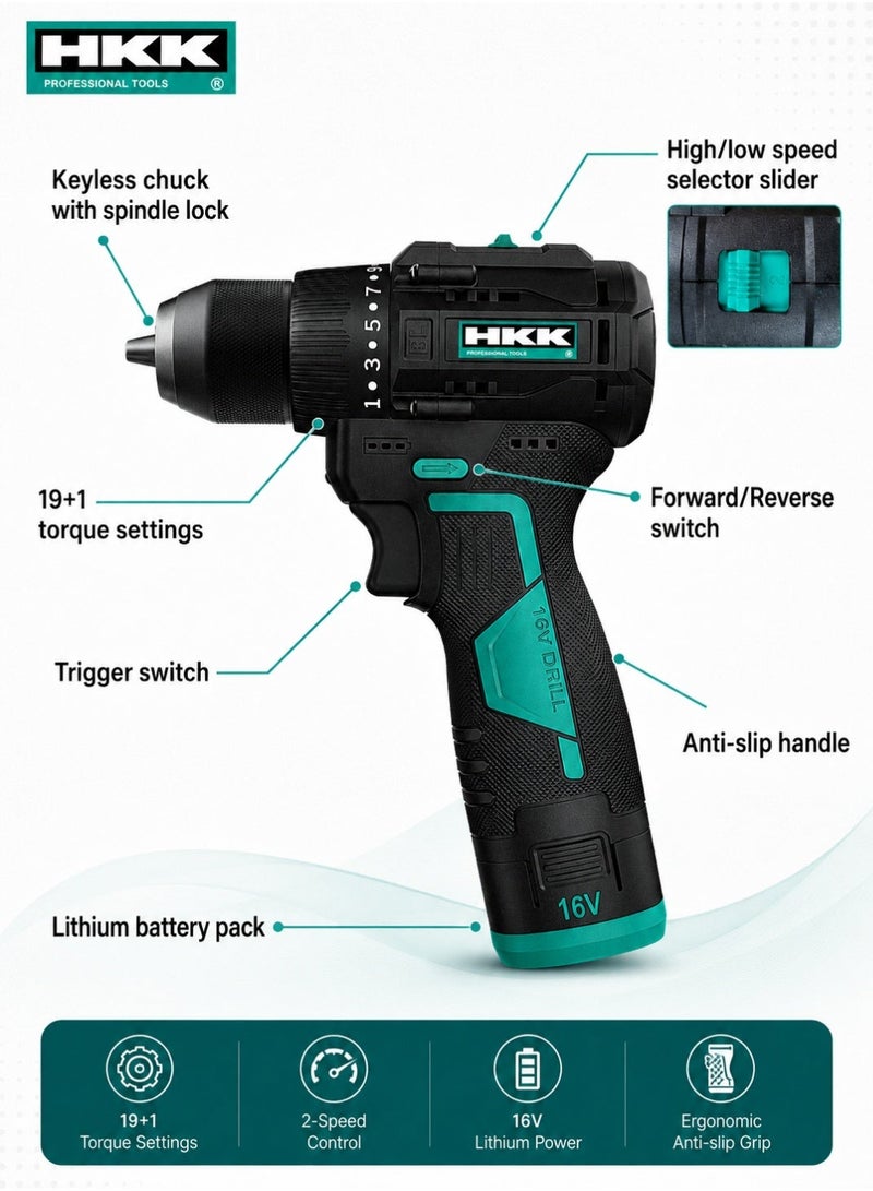 HKK 16V Cordless Brushless Drill Driver, 50N.m Max Torque, 19+1 Torque Settings, 2-Speed 0-400/1400 RPM, 10mm Keyless Chuck, 2x 2000mAh Batteries & Fast Charger - Image 2