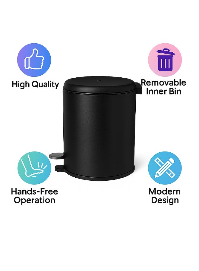 Primanova 6 Liter Stainless Steel Pedal Waste Bin With Soft-Close Lid & Inner Bucket – Compact Trash Can For Bathroom, Kitchen, Office, Bedroom & Living Room (Matt Black) - Image 4