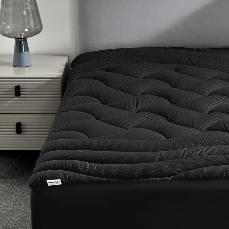 SLEEP ZONE وسادة مرتبة كاملة المبردة من لسرير مزدوج، غطاء وسادة مرتبة مبرد بمناطق متميزة، واقي مرتبة مبطن قابل للتنفس والغسل، جيب عميق 8-21 بوصة (أسود، كامل) - Image 1