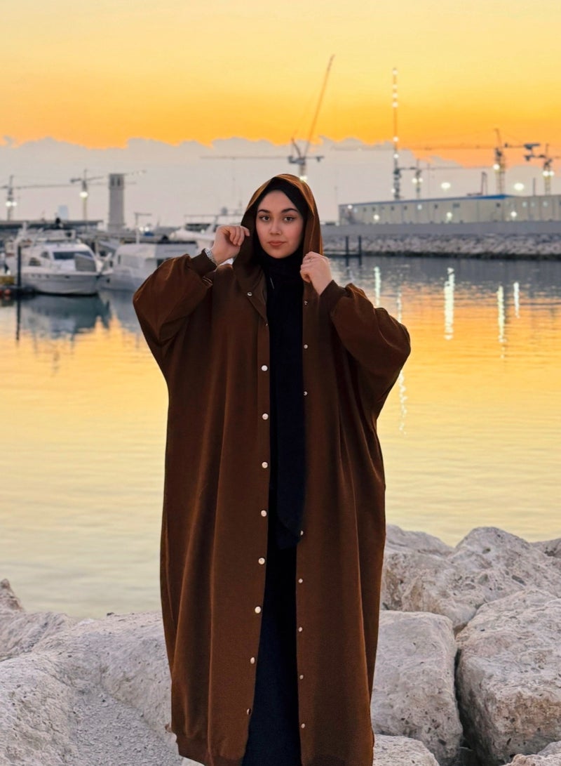 DIMAR BY DIYORA Women's Hoodie Abaya Long Sleeve Buttoned Front Casual Loose-Fit Oversize Maxi Dress Soft Fabric Elegant Comfortable - Brown - Image 1