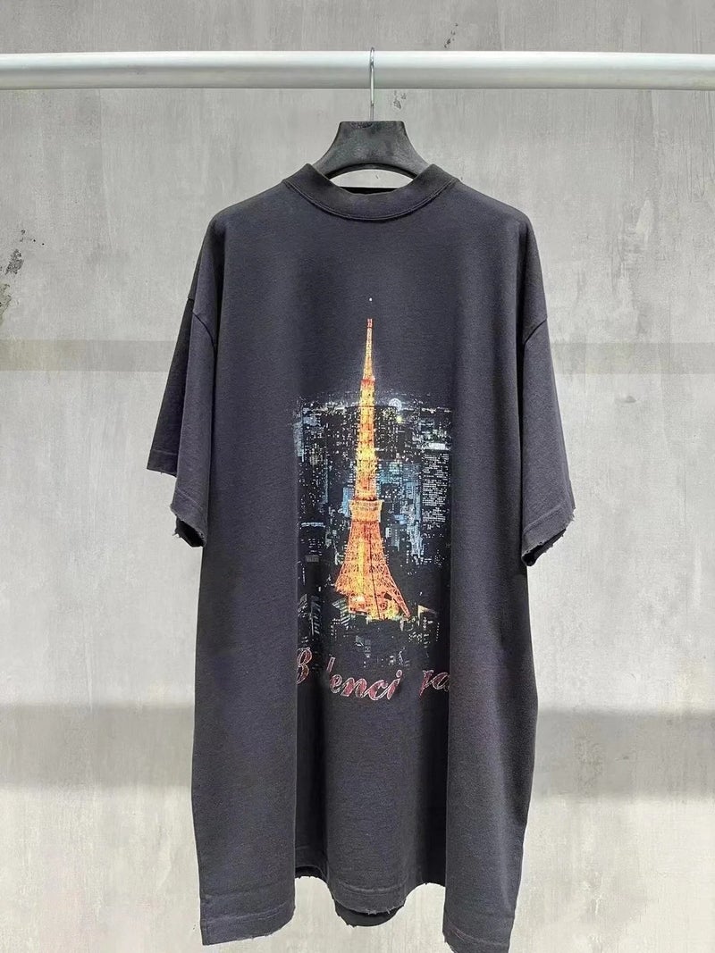 Nanyou Gaopin Original Standard Paris B Tower Night Scene Printed Mens and Womens European Version Profile Loose Washed Short-sleeved T-shirt rice gray - Image 2