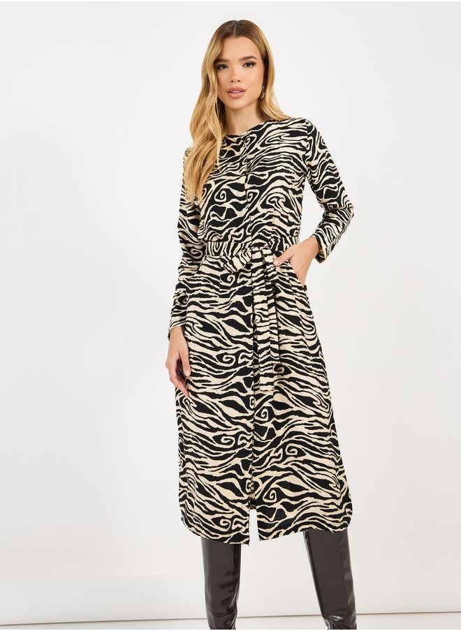 Styli - Animal Print A-Line Midi Dress with Tie Belt - Image 1