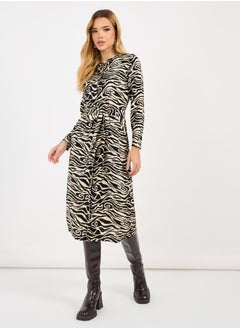 Animal Print A-Line Midi Dress with Tie Belt