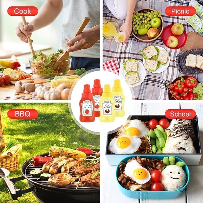 kunya® Mini Small Ketchup Bottles with Funnel 40ml Refillable Salad Dressing Tomato Sauce Mayo Syrup Squeeze Containers Bottle Lunch box Plastic Portable Squeezable Squirt Jars Pack Of 2 - Image 5