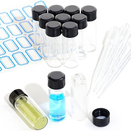 ETTSNU 10PCS 4ml Clear Glass Vials with Screw Caps and PE pad, 1 Dram Small Lab Sample Vials with Lids, Leak-Proof Liquid Storage Empty Vial (with Droppers and Marker Stickers) - Image 1