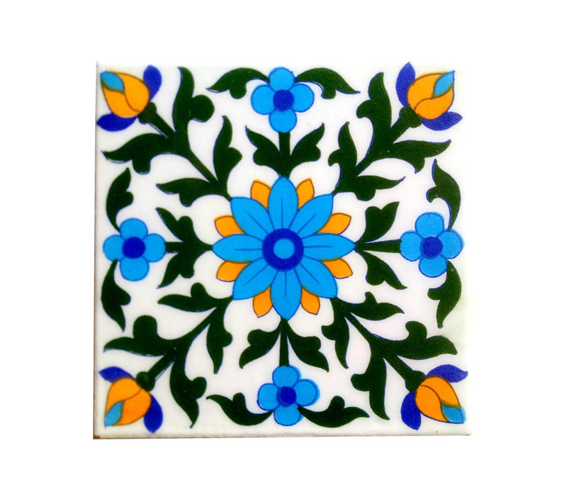 Shiv Kripa Blue Pottery Home Décor, Moroccan Pottery Ceramic Handmade Wall Tiles 6 x 6 Inch Set of 6 Tiles (White & Multi) - Image 2