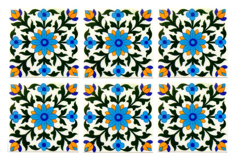 Shiv Kripa Blue Pottery Home Décor, Moroccan Pottery Ceramic Handmade Wall Tiles 6 x 6 Inch Set of 6 Tiles (White & Multi) - Image 4