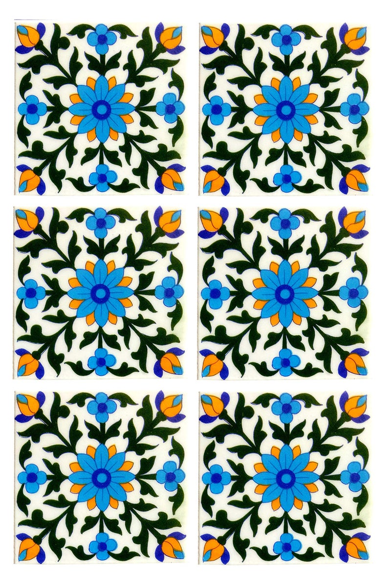 Shiv Kripa Blue Pottery Home Décor, Moroccan Pottery Ceramic Handmade Wall Tiles 6 x 6 Inch Set of 6 Tiles (White & Multi) - Image 3