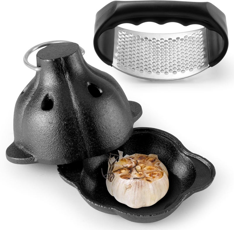 GerdfeiTawtab Cast Iron Garlic Roaster, Pre-Seasoned Smoker Roaster Box With Stainless Steel Garlic Press, for Smoky Garlic Mushroom Vegetable Meat Picnic Camping Patio Backyard Indoor Outdoor - Image 1