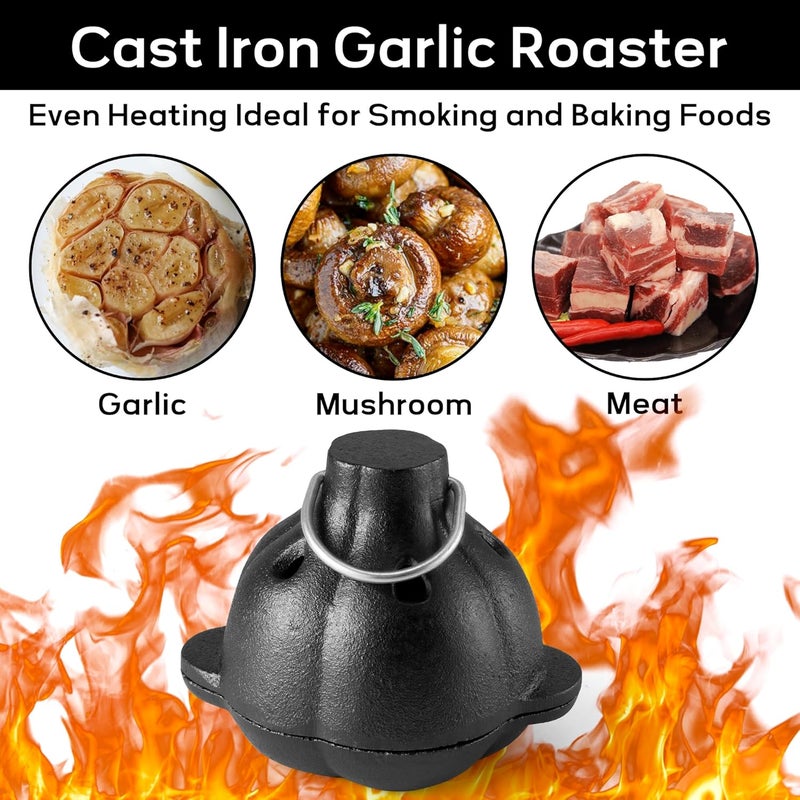 GerdfeiTawtab Cast Iron Garlic Roaster, Pre-Seasoned Smoker Roaster Box With Stainless Steel Garlic Press, for Smoky Garlic Mushroom Vegetable Meat Picnic Camping Patio Backyard Indoor Outdoor - Image 3