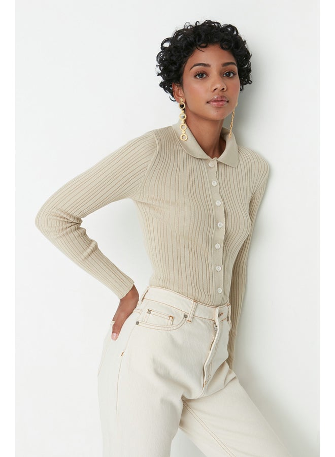 trendyol Stone Polo Collar Knitwear Cardigan TWOAW20HI0070  - Image 1