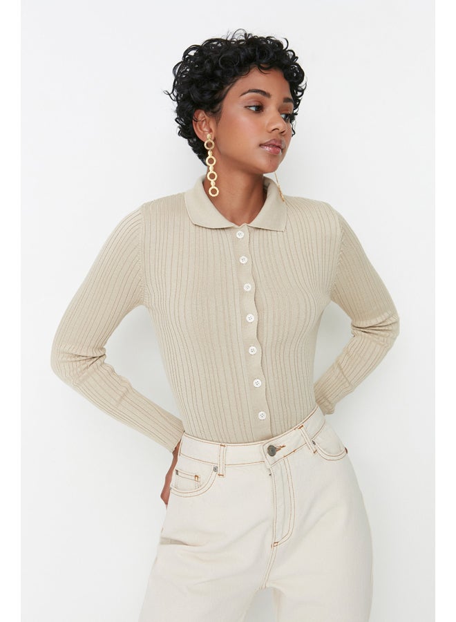 trendyol Stone Polo Collar Knitwear Cardigan TWOAW20HI0070  - Image 2