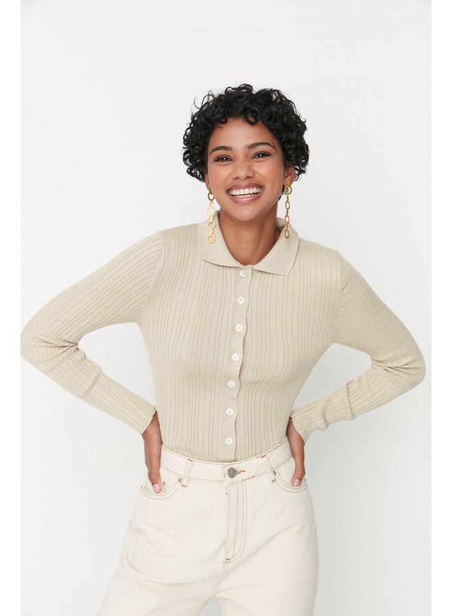 trendyol Stone Polo Collar Knitwear Cardigan TWOAW20HI0070  - Image 4