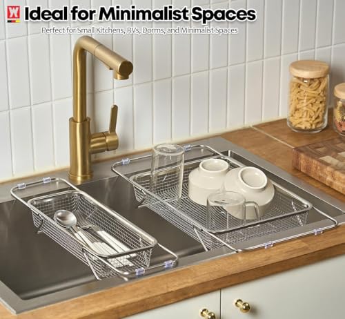WAGENSTEIGER Extendable Dish Rack with Feet, Vegetable Colander Basket, Stainless Steel Dish or Silverware Drying Rack, Ultimate Kitchen Organizer Over the Sink (12.40 x 5.12 x 2.36 Inches) - Image 3