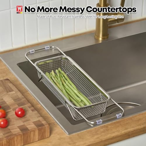 WAGENSTEIGER Extendable Dish Rack with Feet, Vegetable Colander Basket, Stainless Steel Dish or Silverware Drying Rack, Ultimate Kitchen Organizer Over the Sink (12.40 x 5.12 x 2.36 Inches) - Image 4